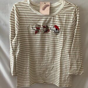 CAROLYN TAYLOR Fashion Dog Embroidered 3/4 Sleeve Top in Tan/White Sz LARGE